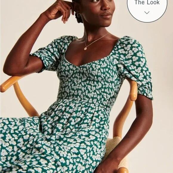 Abercrombie & Fitch Short Sleeve Smocked Midi Dress - L Green Print - Picture 3 of 4